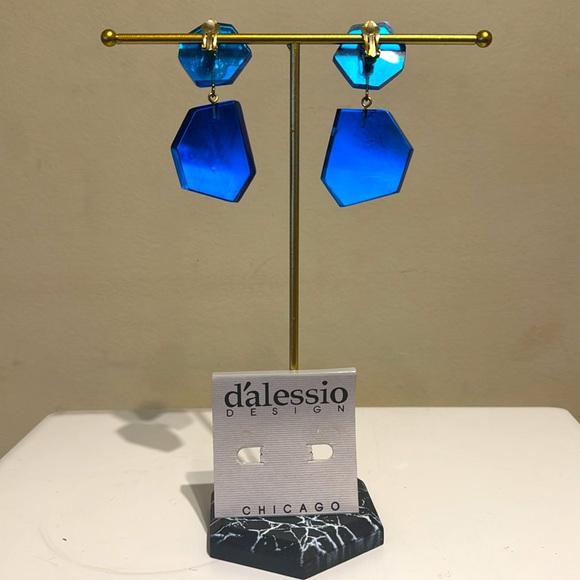 Vintage Dalessio Design Chicago Blue Plastic Crystal Dangle Earrings Clip on 80s - Picture 2 of 9
